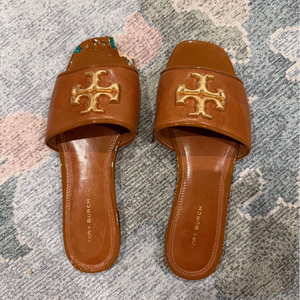Tory Burch Brown Leather Slide Sandals with Gold Logo